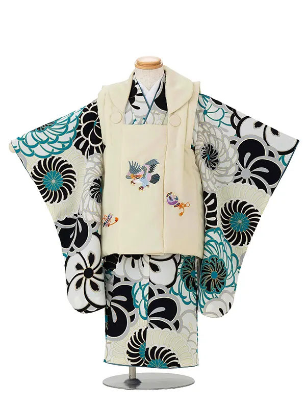 七五三レンタル(3歳男児被布) 緑 梅×ベージュ 鷹 Y159