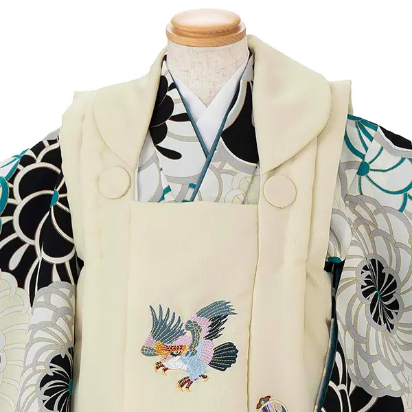 七五三レンタル(3歳男児被布) 緑 梅×ベージュ 鷹 Y159