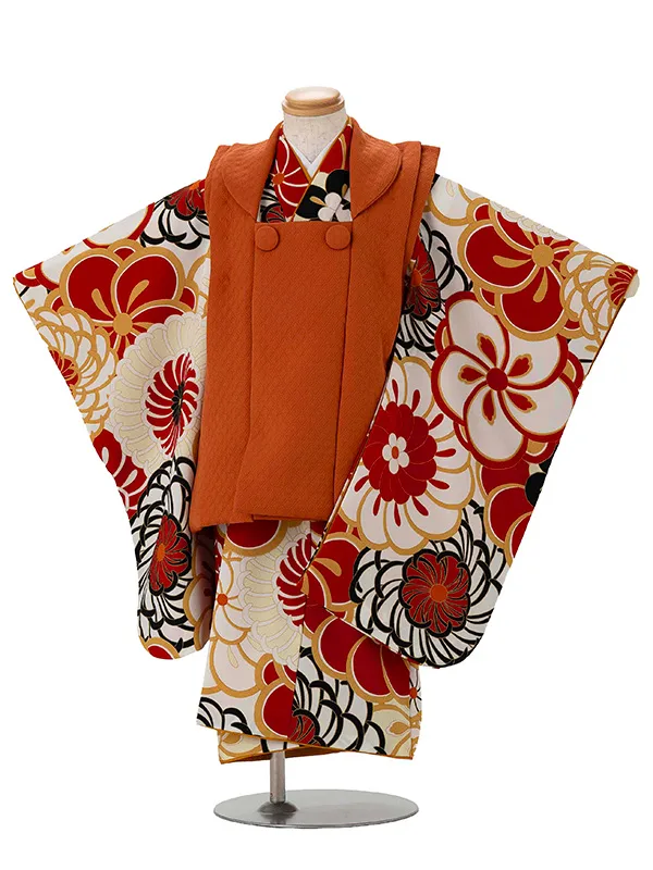 七五三レンタル(3歳男児被布) 赤 梅×オレンジ  Y160