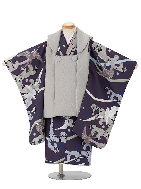 七五三レンタル(3歳男児被布) 紫 波×グレー Z161