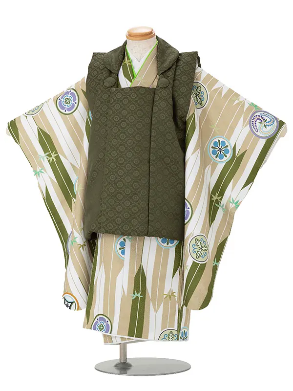 七五三レンタル(3歳男児被布) ベージュ矢羽×緑 Y166