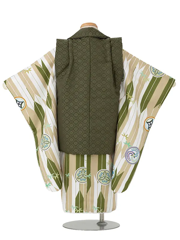 七五三レンタル(3歳男児被布) ベージュ矢羽×緑 Y166