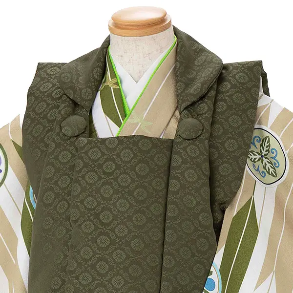 七五三レンタル(3歳男児被布) ベージュ矢羽×緑 Y166