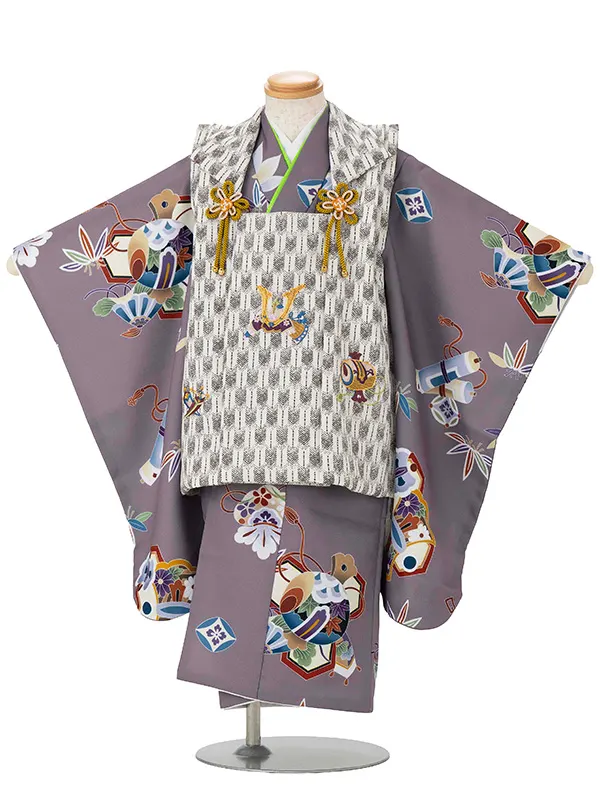 七五三レンタル(3歳男児被布)　紫 宝尽くし×兜 Y167