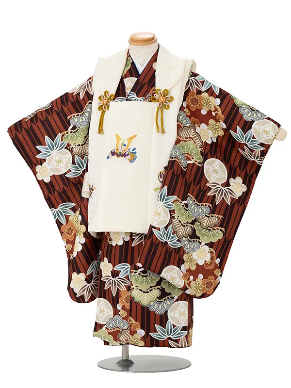 七五三レンタル(3歳男児被布) 茶矢羽×ベージュ兜 Y172