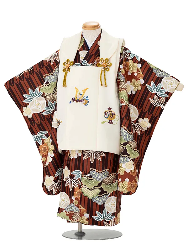 七五三レンタル(3歳男児被布) 茶矢羽×ベージュ兜 Y172