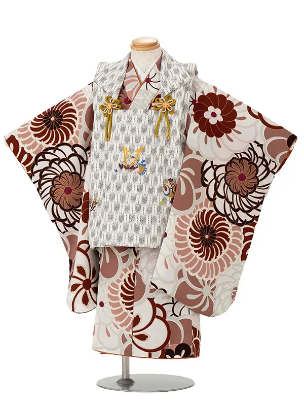 七五三レンタル(3歳男児被布) ねじり梅ベージュ×白兜 Y173