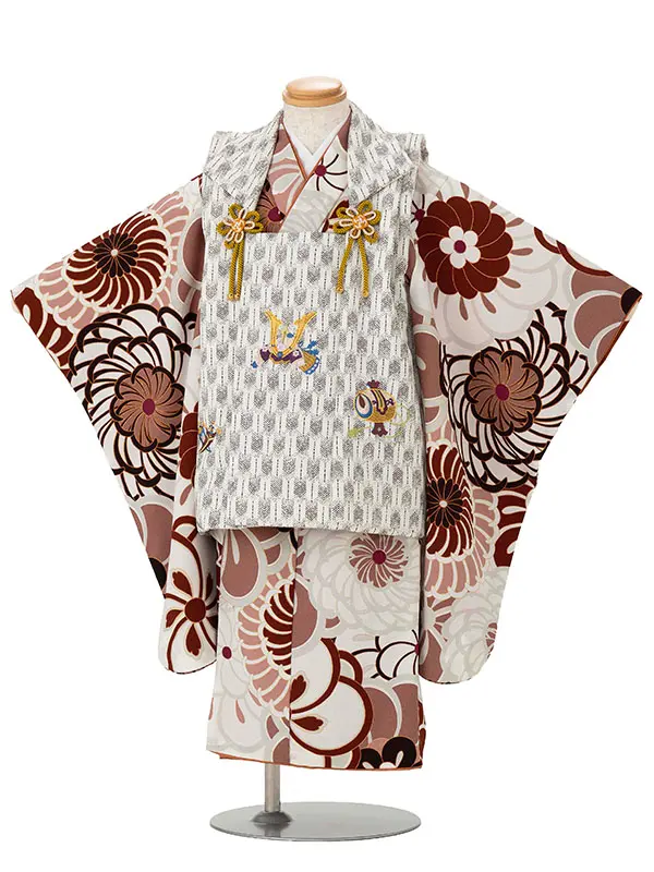 七五三レンタル(3歳男児被布) ねじり梅ベージュ×白兜 Y173