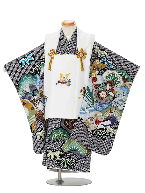 七五三レンタル(3歳男児被布) 黒絞り×白兜 Y177