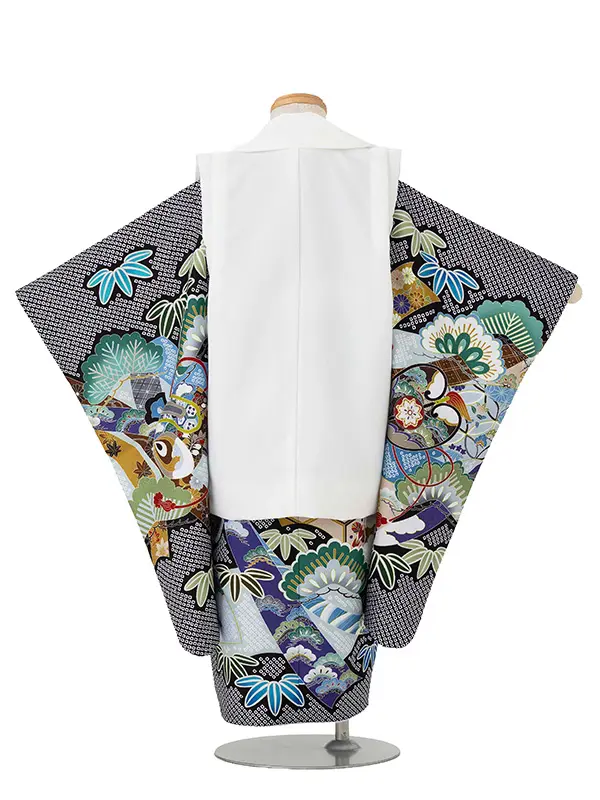 七五三レンタル(3歳男児被布) 黒絞り×白兜 Y177