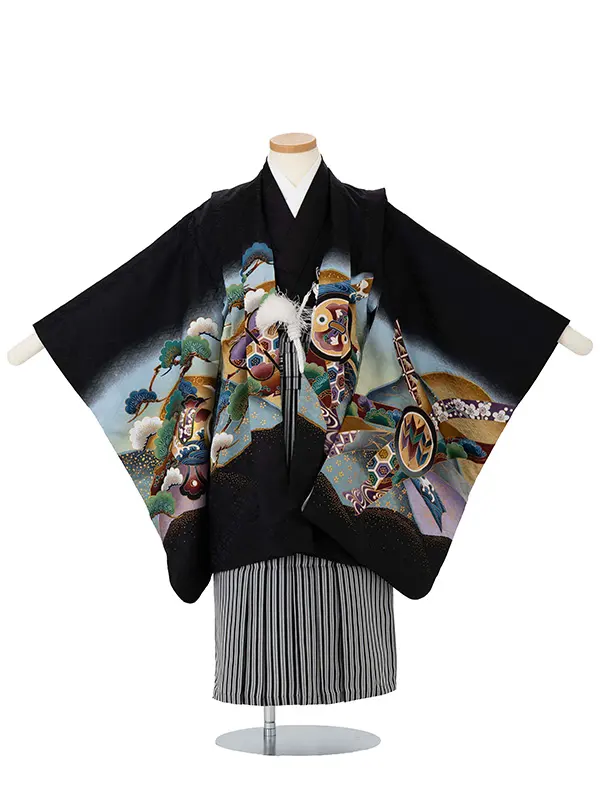 かんたん七五三レンタル(5歳6歳男児袴)  黒鷹×黒縞袴 Y180