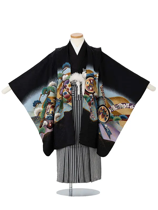 かんたん七五三レンタル(5歳6歳男児袴)  黒鷹×黒縞袴 Y180