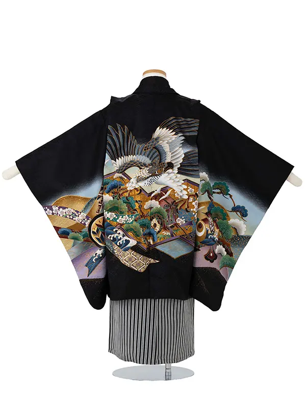 かんたん七五三レンタル(5歳6歳男児袴)  黒鷹×黒縞袴 Y180