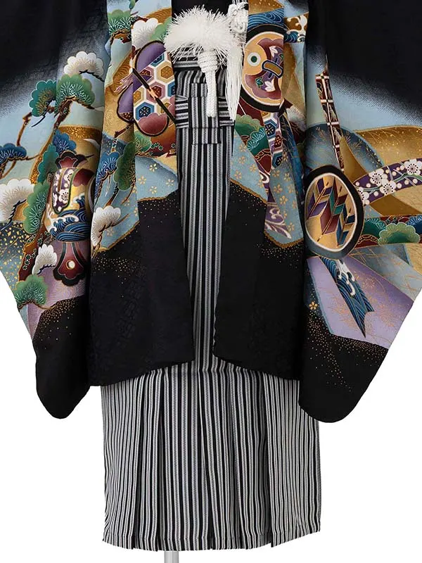 かんたん七五三レンタル(5歳6歳男児袴)  黒鷹×黒縞袴 Y180