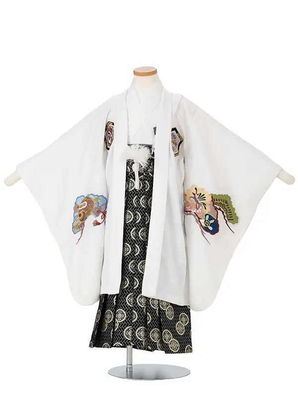 かんたん七五三レンタル(5歳6歳男児袴) 白鷹刺繍×黒金袴 Y181