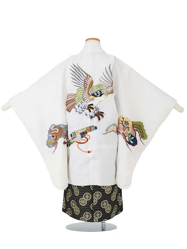 かんたん七五三レンタル(5歳6歳男児袴) 白鷹刺繍×黒金袴 Y181