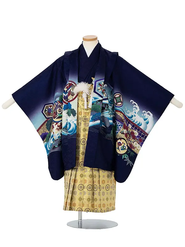 かんたん七五三レンタル(5歳6歳男児袴) 青鷹×金袴 Y182