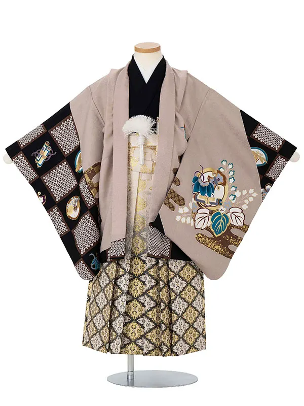かんたん七五三レンタル(5歳6歳男児袴) ベージュ市松×金袴 Y183