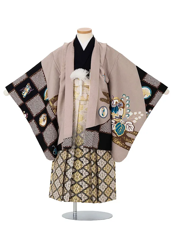 かんたん七五三レンタル(5歳6歳男児袴) ベージュ市松×金袴 Y183