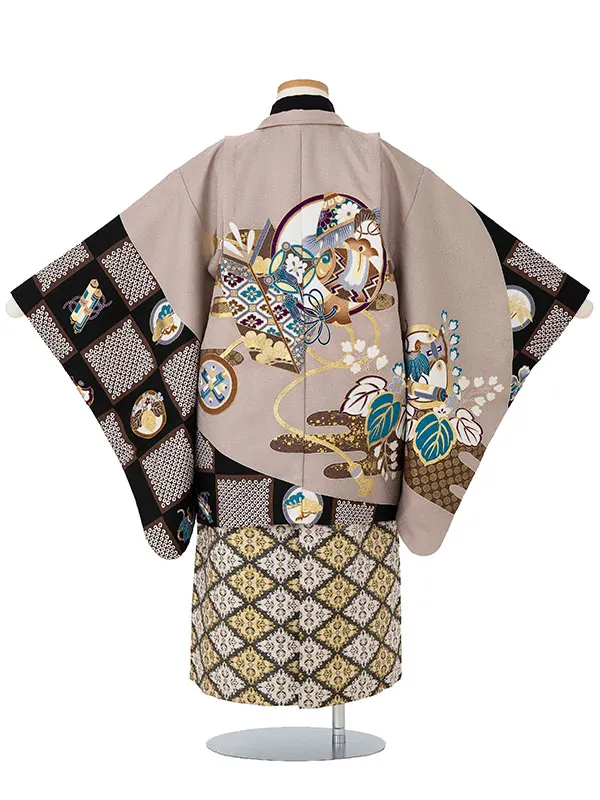 かんたん七五三レンタル(5歳6歳男児袴) ベージュ市松×金袴 Y183