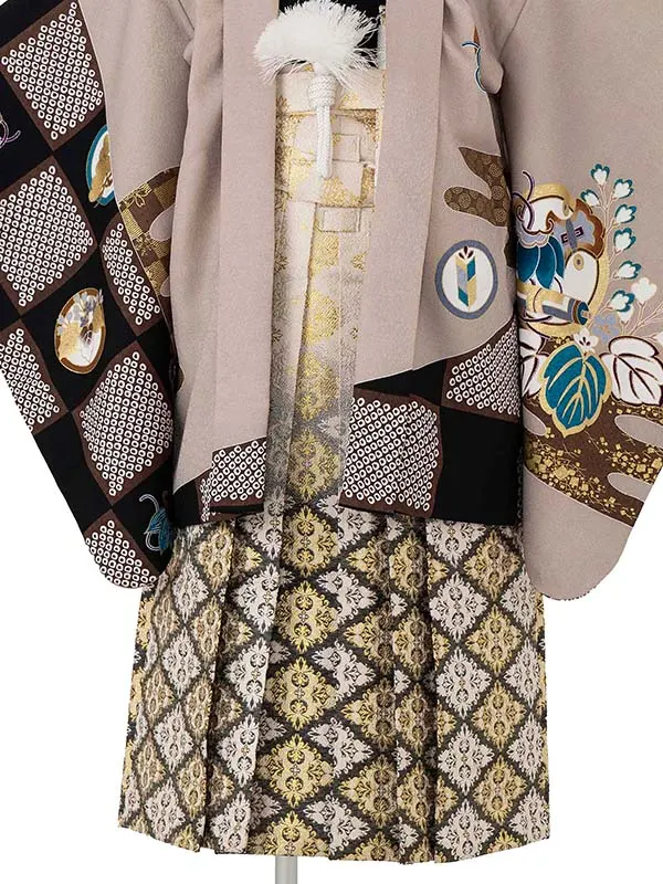 かんたん七五三レンタル(5歳6歳男児袴) ベージュ市松×金袴 Y183