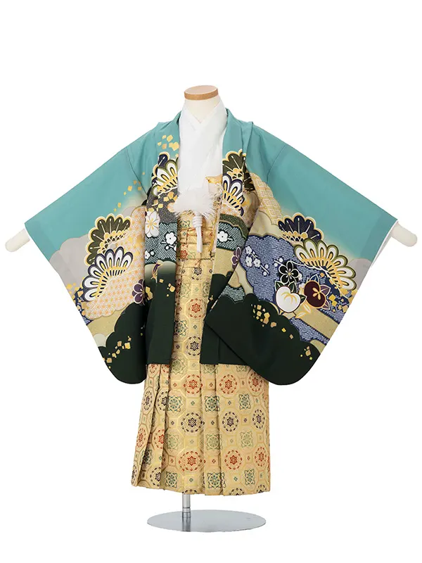 かんたん七五三レンタル(5歳6歳男児袴) 緑×金袴 Y184