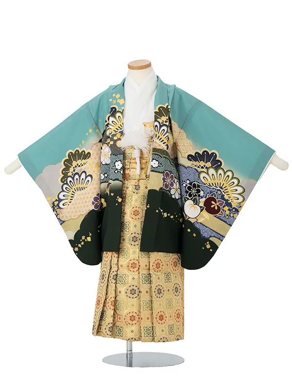 かんたん七五三レンタル(5歳6歳男児袴) 緑×金袴 Y184