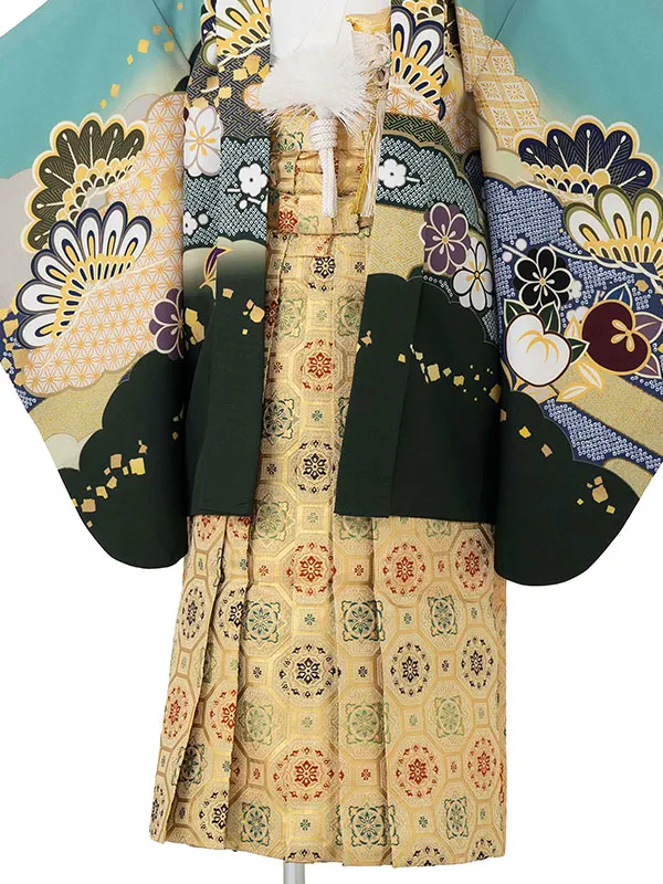 かんたん七五三レンタル(5歳6歳男児袴) 緑×金袴 Y184