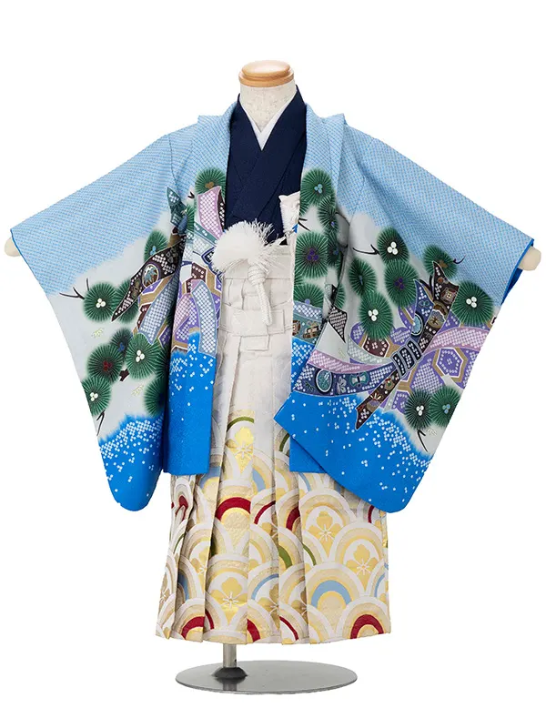 かんたん七五三レンタル(3歳4歳男児袴) 水色兜×波白金袴 Y185