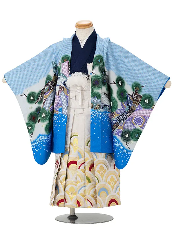 かんたん七五三レンタル(3歳4歳男児袴) 水色兜×波白金袴 Y185