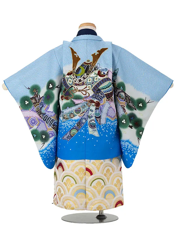 かんたん七五三レンタル(3歳4歳男児袴) 水色兜×波白金袴 Y185