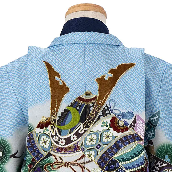 かんたん七五三レンタル(3歳4歳男児袴) 水色兜×波白金袴 Y185