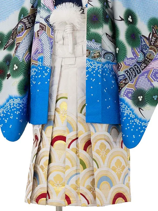 かんたん七五三レンタル(3歳4歳男児袴) 水色兜×波白金袴 Y185