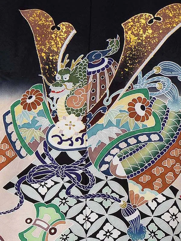 【正絹】かんたん七五三レンタル(5歳6歳男児袴) 黒宝尽くし兜×金袴 Y186