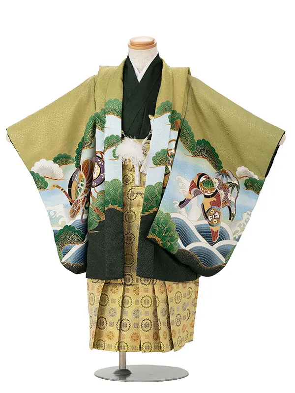 かんたん七五三レンタル(3歳4歳男児袴) 緑鷹×金袴 Y187