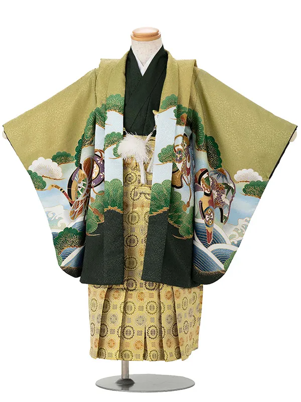 かんたん七五三レンタル(3歳4歳男児袴) 緑鷹×金袴 Y187