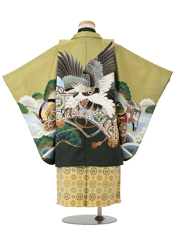 かんたん七五三レンタル(3歳4歳男児袴) 緑鷹×金袴 Y187