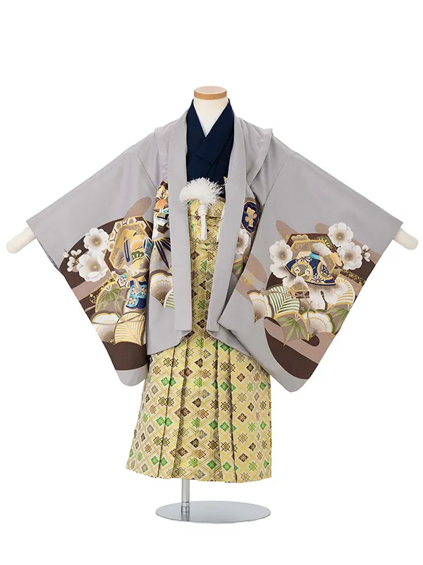 かんたん七五三レンタル(5歳6歳男児袴) グレー鷹×金袴 Y188