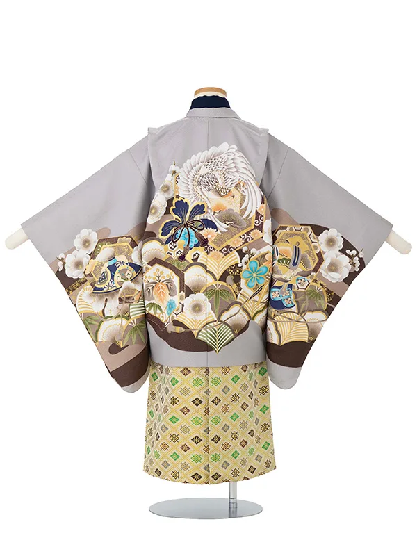 かんたん七五三レンタル(5歳6歳男児袴) グレー鷹×金袴 Y188