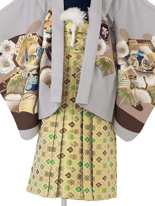 かんたん七五三レンタル(5歳6歳男児袴) グレー鷹×金袴 Y188