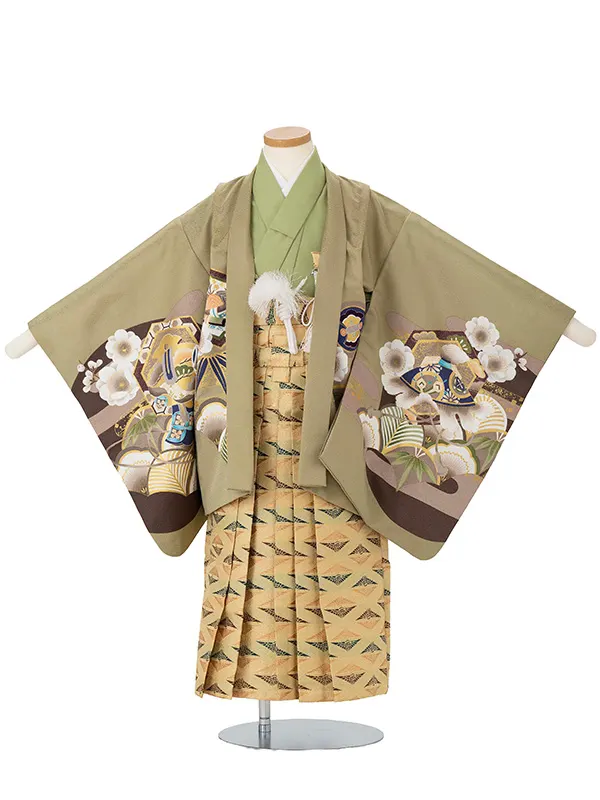 かんたん七五三レンタル(5歳6歳男児袴) 緑鷹×金袴 Y189