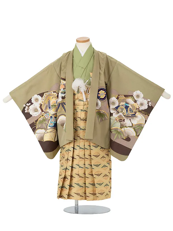 かんたん七五三レンタル(5歳6歳男児袴) 緑鷹×金袴 Y189