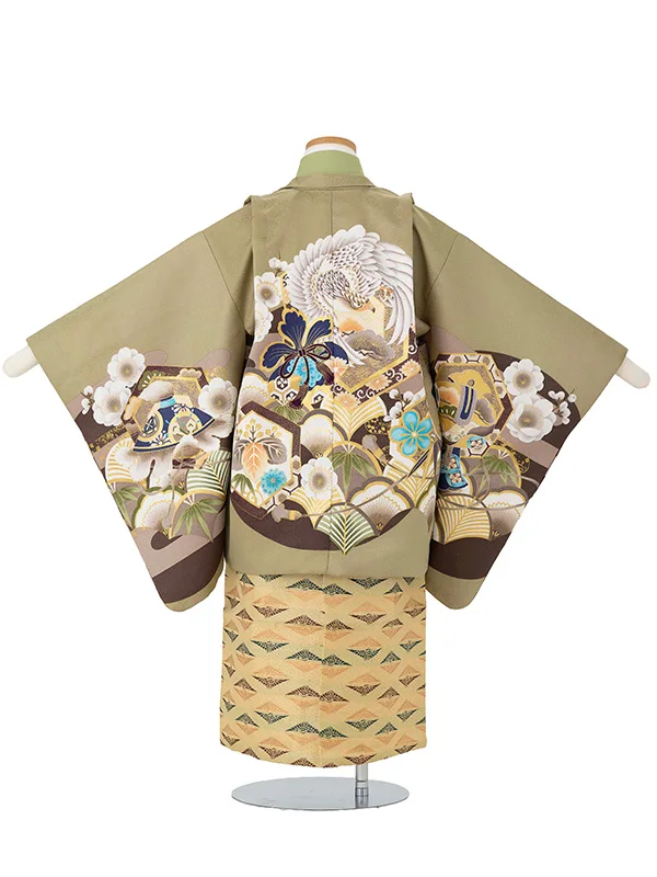 かんたん七五三レンタル(5歳6歳男児袴) 緑鷹×金袴 Y189