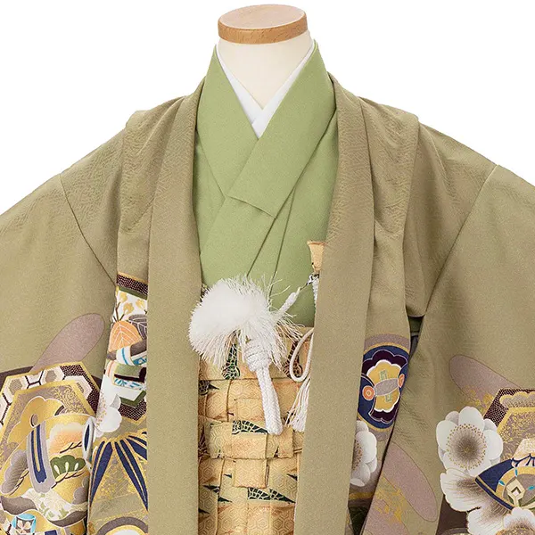 かんたん七五三レンタル(5歳6歳男児袴) 緑鷹×金袴 Y189