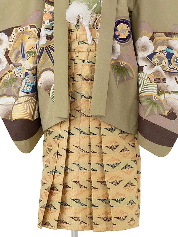 かんたん七五三レンタル(5歳6歳男児袴) 緑鷹×金袴 Y189