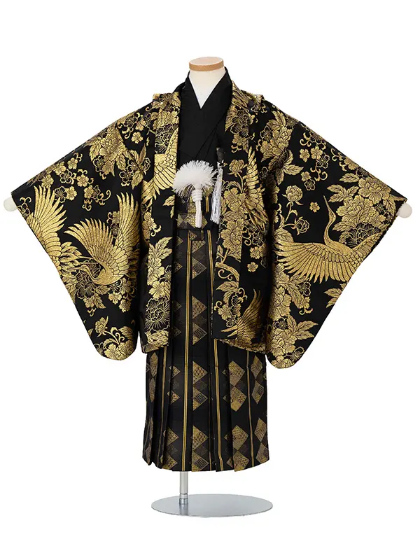 かんたん七五三レンタル(5.6歳男児袴) ／黒鶴牡丹唐草×金花菱袴 Y191