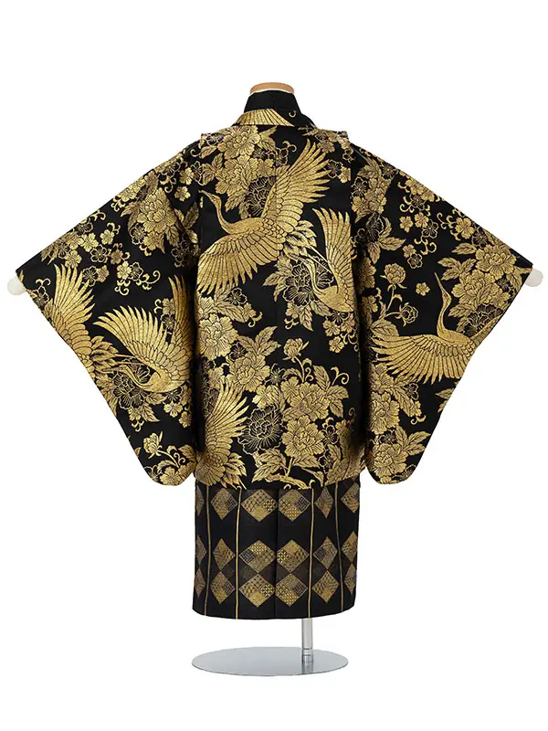 かんたん七五三レンタル(5.6歳男児袴) ／黒鶴牡丹唐草×金花菱袴 Y191