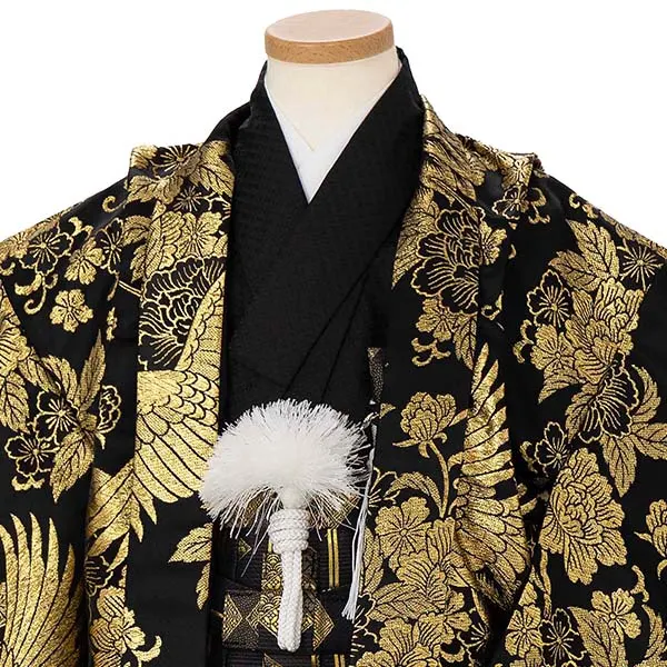 かんたん七五三レンタル(5.6歳男児袴) ／黒鶴牡丹唐草×金花菱袴 Y191