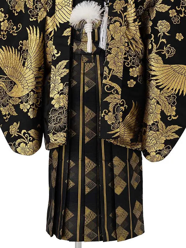 かんたん七五三レンタル(5.6歳男児袴) ／黒鶴牡丹唐草×金花菱袴 Y191