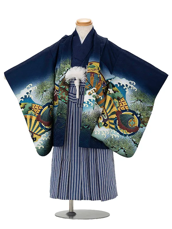 かんたん七五三レンタル(3歳4歳男児袴) 紺兜×青縞袴 Y192